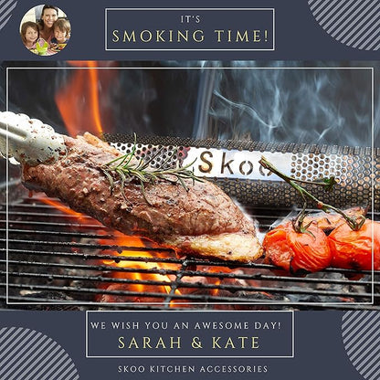 Skoo Pellet Smoker - BBQ Hexagonal Smoking Tube + Brush + Hook + Free EBook + Digital User Guide - 5 Hours of Billowing Smoke - For Electric, Gas, Charcoal Grills or Smokers