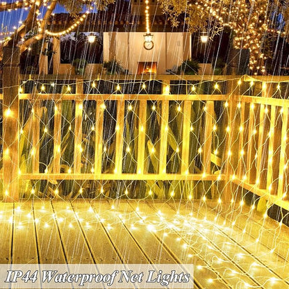 300 LED Net Lights, 14.8ft x 5ft 8 Modes Christmas Outdoor Mesh Lights Connectable, Waterproof Decorative String Lights Plug in for Bushes Xmas Tree Garden Wedding Party (Clear Wire, Warm White)