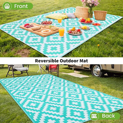 Smiry Outdoor Rug 4x6 ft Waterproof Reversible Boho Mat, White & Teal | Polypropylene Plastic Straw, Quick Drying, Lightweight Foldable, for Patio, Deck, RV Camping, Backyard and Indoor Outdoor Use