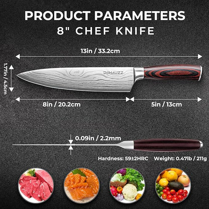DiiHAUZZ 8 Inch Chef Knife, High Carbon Stainless Steel - Ultra Sharp Kitchen Gyutou Knife for Slicing Meat, Dicing Vegetables and Daily Meal Prep, Ergonomic Handle with Sheath, Fathers Day Gift