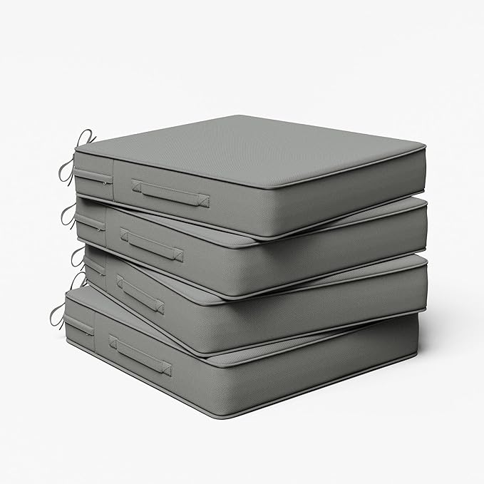 Outdoor Chair Cushion 22 x 22 x 4 Inches Patio Furniture Outdoor Waterproof Seat Cushion, Patio Chair Cushion with Handles and Ties, Square Dining Chair Cushion Set of 4, Light Grey