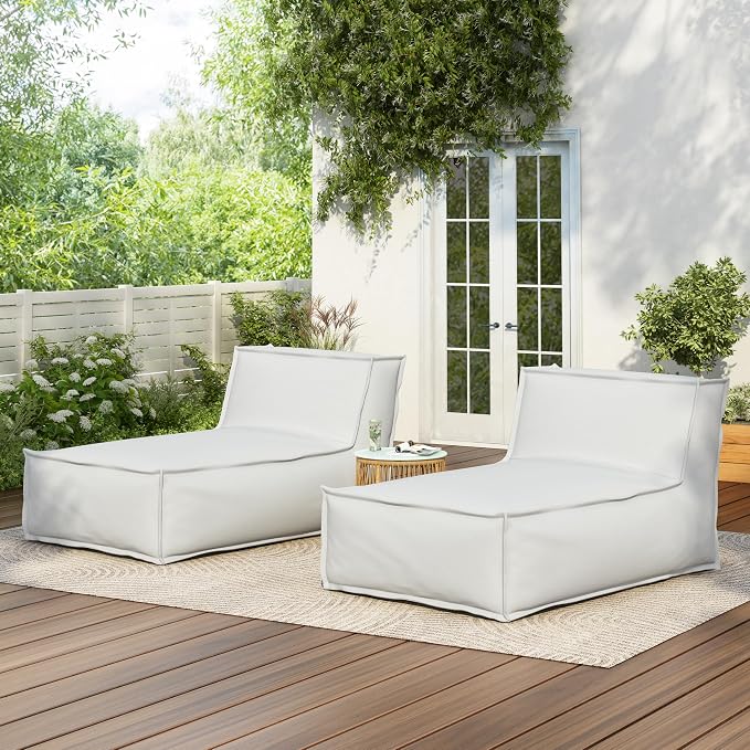 Merax Outdoor Bean Bag Chairs Set of 2, 61" Lounger Chair for Adults Bean Bag Couch Sofa with Memory Foam Filled for Patio Pool Balcony Desk, Water-Repellence Fabric Outside Beanbag Chair, Light-Grey