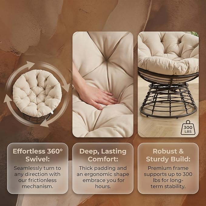 Cushion Papasan Swivel Chair, Ergonomic Wicker Round Chair with Thick Padding, Oversized Swivel Wicker Accent Chairs for Living Room, Bedroom, Reading Room, Balcony, Brown Frame, Beige
