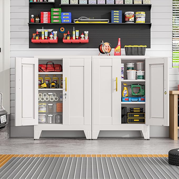 GAIOUS White Metal Pantry Cabinet with Lock(Two Units), Sideboard Buffet Storage Cabient with Doors and 2 Adjustable Shelves, Multifunctional Kitchen Cupboard for Home Office, Buffet Table