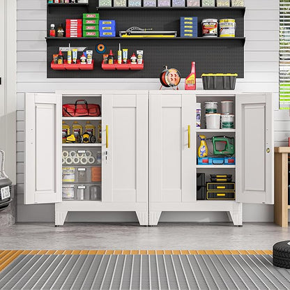GAIOUS White Metal Pantry Cabinet with Lock(Two Units), Sideboard Buffet Storage Cabient with Doors and 2 Adjustable Shelves, Multifunctional Kitchen Cupboard for Home Office, Buffet Table