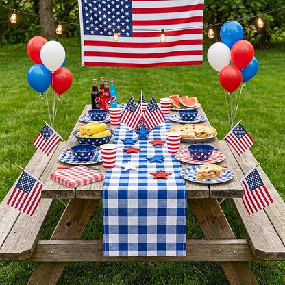 Blue Plaid Table Runner Independence Day Checkered Fabric Cover 13x108 Inch 2 Packs Table Cloths Centerpieces Patriotic Party Picnic Decorative Gingham Rectangle Blue White Checkered Linen Decorations