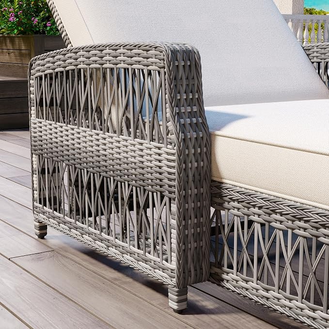 Merax Outdoor Rattan Chaise Lounge Set of 4, All-Weather Patio Recliners with 4-Position Adjustable Backrests, Armrests, and Removable Cushions for Poolside & Garden, Beige