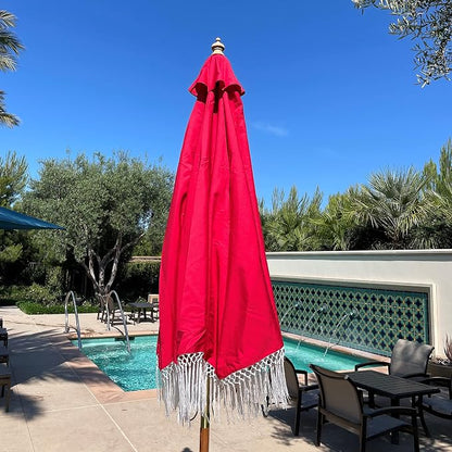 FORMOSA 9ft 6 Rib Market Luxury Patio Umbrella Replacement Canopy - 300D UV Protective and Water Resistant Patio Fade Resist Top Fabric Cloth - Umbrella Replacement Cover CANOPY ONLY (Red Tassels)