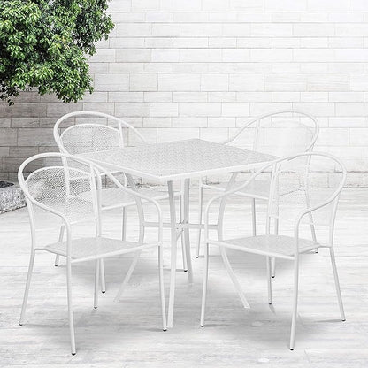 Flash Furniture Oia Commercial Grade 28" Square White Indoor-Outdoor Steel Patio Table Set with 4 Round Back Chairs