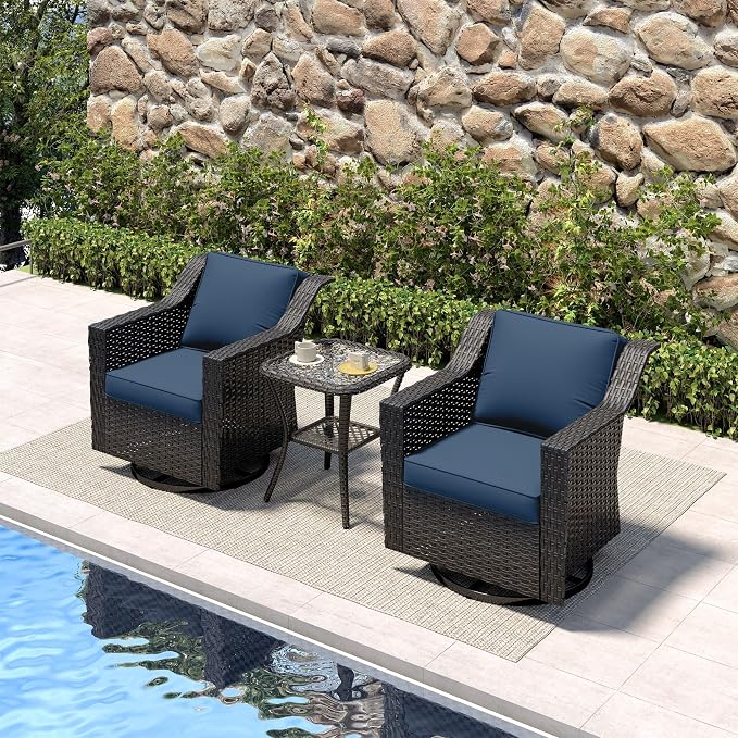 3 Pieces Patio Conversation Furniture Set - 2 Swivel Chairs, 1 Side Table, Outdoor Wicker Rocking Glider Armchairs with Washable and Water-Resistant Cushions for Balcony, (Navy Blue)