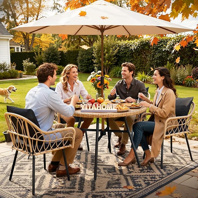 YITAHOME Patio Dining Set with Umbrella Hole for 4, All-Weather Rattan Outdoor Dining Set 5pcs, Patio Dining Furniture Sets with 4 Ergonomic Armchairs, Outdoor Table and Chairs Set for Patio Backyard