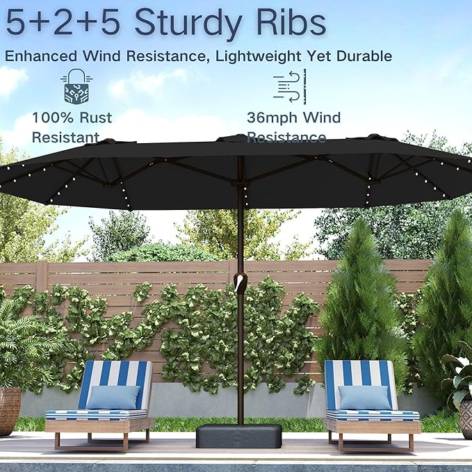 Kingdura 15ft Large Patio Umbrella with Solar Lights, Double-Sided Rectangle Lighted Outdoor Table Umbrella with Base Included, 12 Reinforced Ribs, 48 Led Lights, Crank Lift for Market Pool Deck Backyard, Black