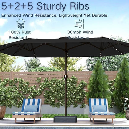 Kingdura 15ft Large Patio Umbrella with Solar Lights, Double-Sided Rectangle Lighted Outdoor Table Umbrella with Base Included, 12 Reinforced Ribs, 48 Led Lights, Crank Lift for Market Pool Deck Backyard, Black