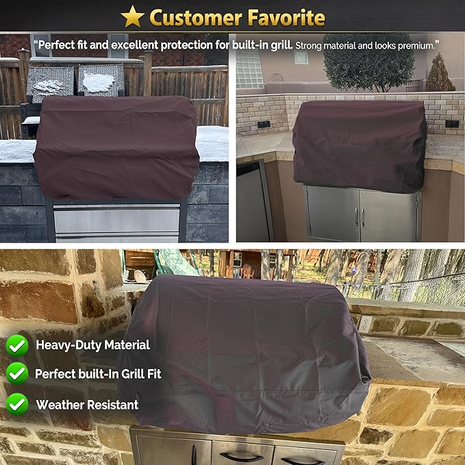 Covers & All Built-in Grill Cover for Outdoor Grill – Heavy Duty 18 oz Waterproof Built-in BBQ Grill Cover, PVC-Coated Polyester with Elastic Hem for Snug Fit (48 x 27 x 26 inches, Coffee)