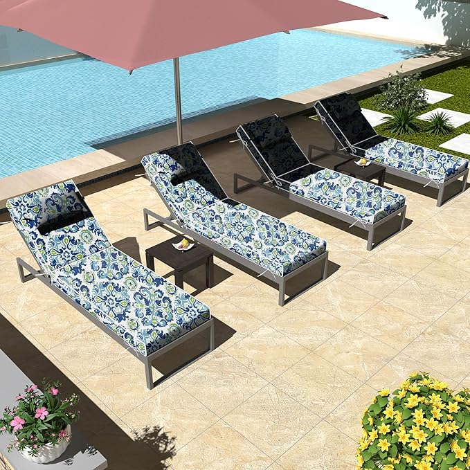 Chaise Lounge Cushions Outdoor Set of 2 Lounge Chair Cushion 72" L x 21" W with Headrest Straps 3'' Thick Waterproof Patio Chaise Cushions Pool Lounger Chair Cushion(Ocean)