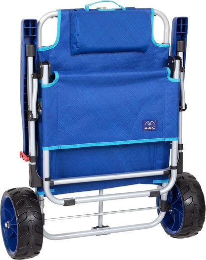 Mac Sports Beach Day Foldable Chaise Lounge Chair with Integrated Wagon Pull Cart Combination and Heavy Wheels - Perfect for Beach, Backyard, Pool or Picnic