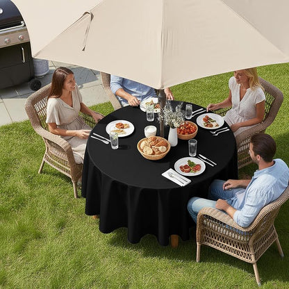 LUSHVIDA Round Outdoor Tablecloth with Umbrella Hole and Zipper, 60 Inch Black, Washable Waterproof Table Cloth Spill Proof Wrinkle Free Table Cover for Patio Spring Summer Picnic BBQS