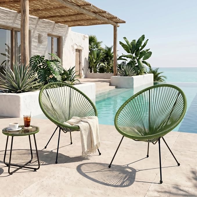 Christopher Knight Home Anson Faux Rattan Outdoor Papasan Chair Set of 2, Patio Accent Chair with Metal Frame, Hammock Weave Egg Chair, Lounge Chair Outdoor for Patio Furniture Set, Green