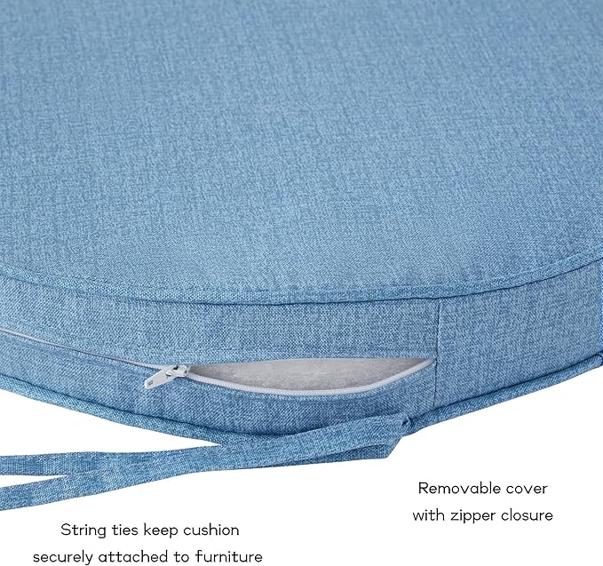 Set of 2 Outdoor 18 inch Round Patio Dining Chair Pads – Comfortable Fiber-Filled Seat Cushions with Ties, Reversible Polyester Fabric - Denim