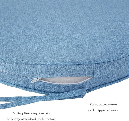 Set of 2 Outdoor 18 inch Round Patio Dining Chair Pads – Comfortable Fiber-Filled Seat Cushions with Ties, Reversible Polyester Fabric - Denim