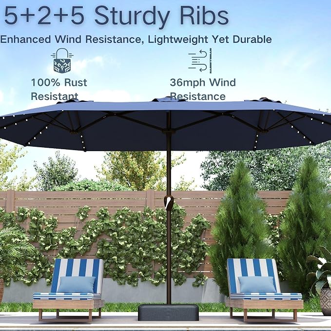 Kingdura 15ft Large Patio Umbrella with Solar Lights, Double-Sided Rectangle Lighted Outdoor Table Umbrella with Base Included, 12 Reinforced Ribs, 48 Led Lights, Crank Lift for Market Pool Deck Backyard, Navy blue