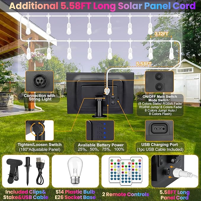 Larkvue 100FT(2x50FT) RGB Solar Outdoor String Lights with Remote, Dimmable Waterproof Patio Lights with 30 Bulbs for Porch Garden Bistro-White Cord