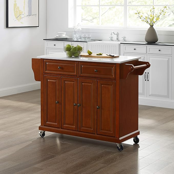 Crosley Furniture Full Size Stone Top Rolling Kitchen Island Storage Cart, Microwave Stand, Spice Rack, Cherry