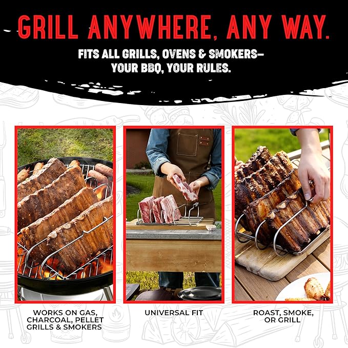 SHIZZO Rib Rack for Smoking & Grilling, Holds up to 4 Full Racks of Ribs, Foldable Design, Fits Large Gas Smoker or Charcoal Grill, Perfect BBQ Accessory, Smoker Accessories, Gifts for Men, Father