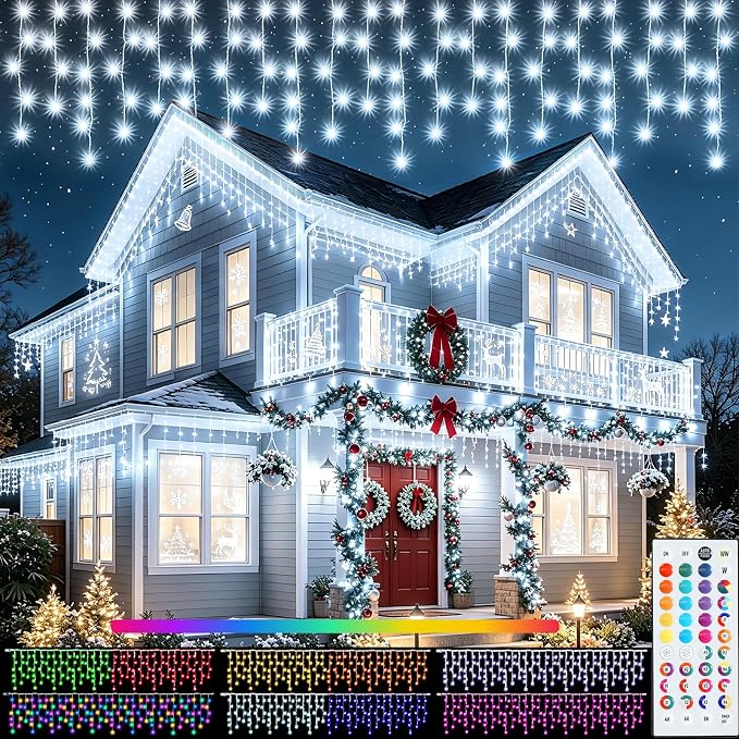 35 Colors Icicle Lights for Outside, 114FT Icicle Christmas Lights | Outdoor Roof Christmas Lights with Remote, Color Changing LED Hanging String Lights for Roof Window Halloween Decorations