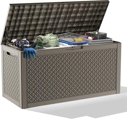 121 Gallon Outdoor Storage Box, New Classic Deck Box with Hydraulic Lid, Durable Waterproof Resin Storage Bin for Patio Furniture, Garden Tools, Cushions, Pool Accessories, Grey
