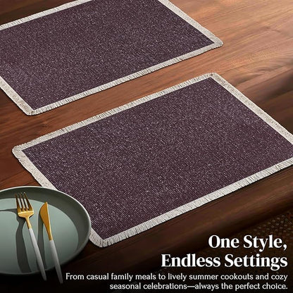 Hausattire Cotton Frayed Placemats Set of 4 Dining Table 13x19 Inch | Rustic Vintage Boho Washable Easter Placemat for Outdoor Parties BBQ's Wedding,Special Occasions, Nubby Cotton - Plum