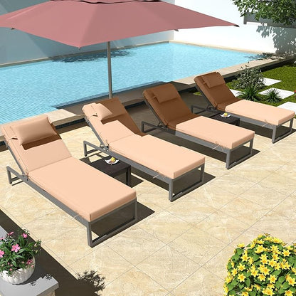 Chaise Lounge Cushions Outdoor Set of 2 Lounge Chair Cushion 72" L x 21" W with Headrest Straps 3'' Thick Waterproof Patio Chaise Cushions Pool Lounger Chair Cushion(Beige)