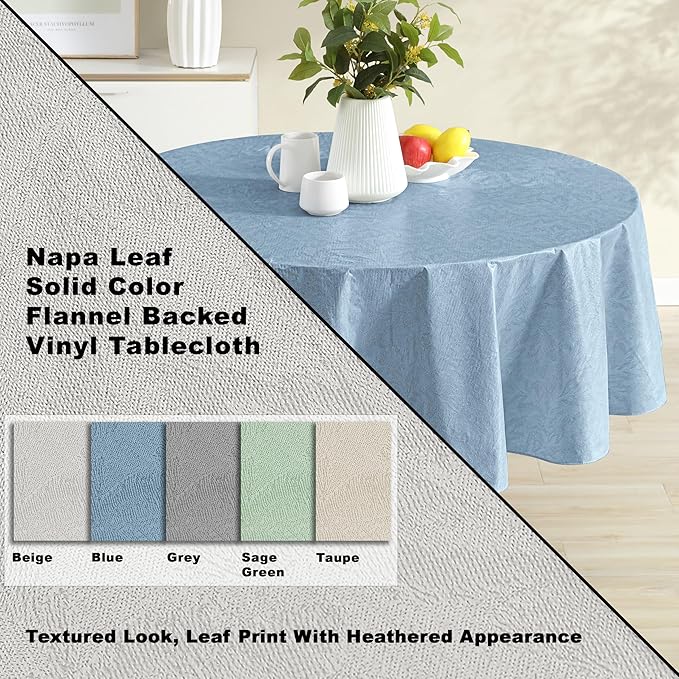 Newbridge Napa Leaf Blue Vinyl Flannel Backed Tablecloth, 70 Inch Round, Hotel Quality Waterproof Indoor Outdoor Table Cover for Kitchen, Patio, Dining, BBQ