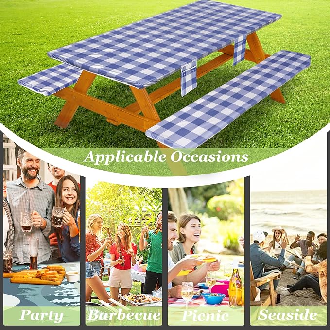 Wrakus Picnic Table Cover with Bench Covers Vinyl Elastic Edges Fitted Rectangle Seat Tables Waterproof 3-Piece96X30in Set Outdoor Rectangular Folding Backing Tablecloth for Camping Over Size