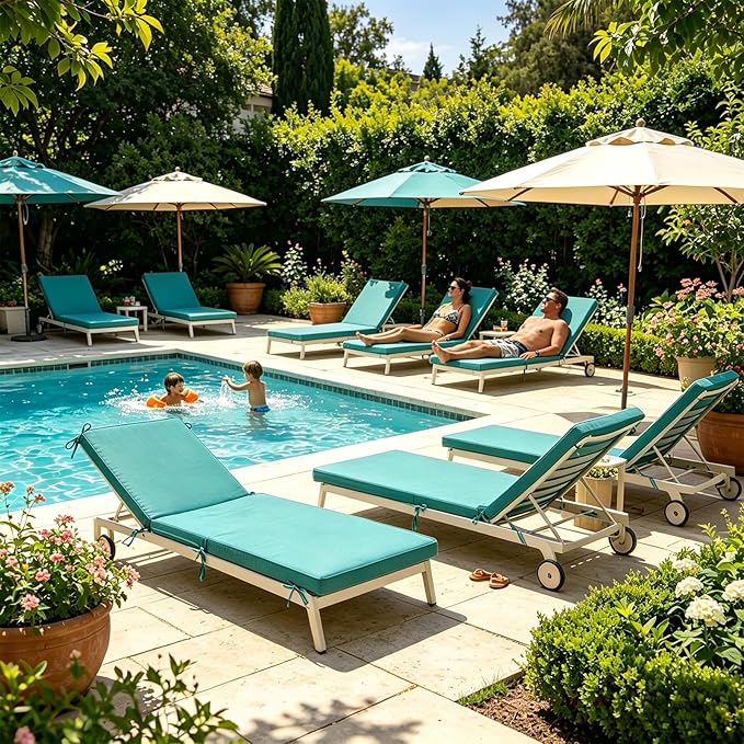 Chaise Lounge Cushions Outdoor, 72 x 21 Inch Water & Fade-Resistant Patio Furniture Lounge Cushion Set of 2, Beach Umbrella Lounger Chair Replacement Cushion with Removable Cover Pad, Lake Blue