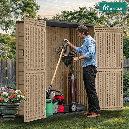 YITAHOME 59 Cuft Outdoor Tall Storage Shed, Waterproof Vertical Resin Shed for Garden, Garage, Patio, Lockable Tool Storage, No Shelves Included, Brown