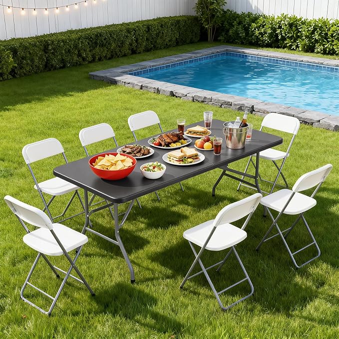 BestOffice 6 FT Picnic Table, Portable Plastic Folding Table with Carrying Handle Perfect for Picnics, Parties, Party and Camping, Grey