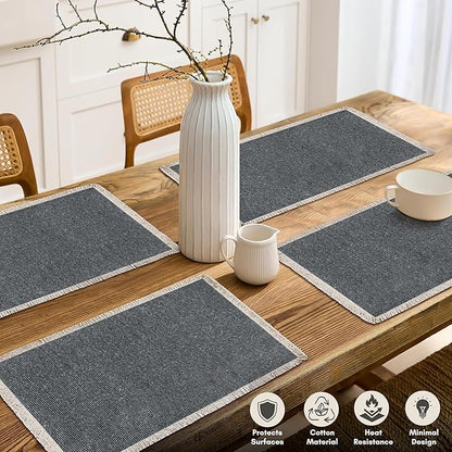 Hausattire Cotton Frayed Placemats Set of 6 Dining Table 13x19 Inch | Rustic Boho Washable Easter Placemat for Outdoor Parties BBQ's Wedding, Holiday, Nubby Cotton - Washed Black