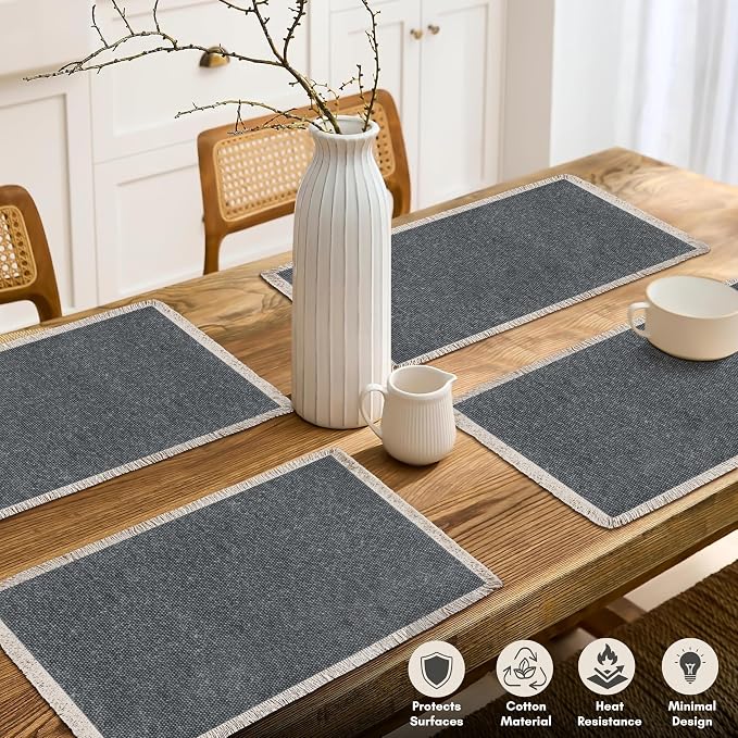 Hausattire Cotton Frayed Placemats Set of 4 Dining Table 13x19 Inch | Rustic Boho Washable Easter Placemat for Outdoor Parties BBQ's Wedding, Holiday, Nubby Cotton - Washed Black