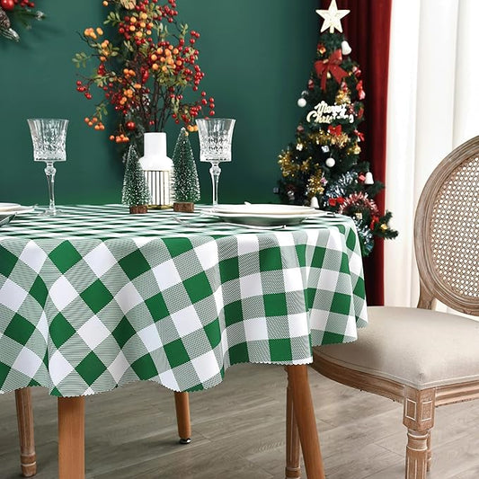 Waterproof Plaid Tablecloth Fabric - Round 90 Inch Classic Gingham Checker Table Cloth for Indoor/Outdoor Use - Buffalo Table Cover for Picnics, BBQs, and Parties