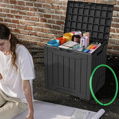 DWVO 30 Gallon Deck Box Outdoor Storage Box, Lockable Outside Storage Bin for Gardening Tools, Patio Cushions, Waterproof Resin (Black)