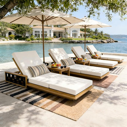 Merax Patio Chaise Lounge with 4-Position Adjustable Backrest, Acacia Wood Outdoor Sunbathing Recliner Chair & 4" Thick Triple-fold Cushion for Poolside, Garden, Backyard, Patio, Beige
