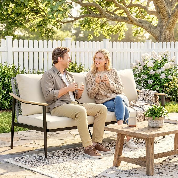 Outsunny Outdoor Patio Couch, 3 Seater Outdoor Sofa with Wood-Effect Armrests and Wicker Backrest, Outdoor Patio Furniture Couch with Cushions, Steel Frame for Porch, Garden, Backyard, Khaki