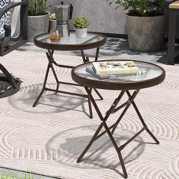 Foldable Side Table with Tempered Glass Top, 2 Pack Brown | 18" Small Patio Side Tables Outdoor for Porch Yard Balcony Deck Lawn Garden