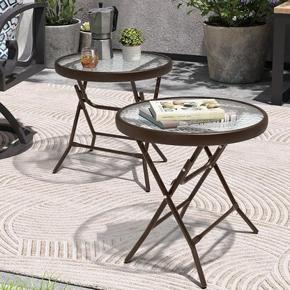 Foldable Side Table with Tempered Glass Top, 2 Pack Brown | 18" Small Patio Side Tables Outdoor for Porch Yard Balcony Deck Lawn Garden
