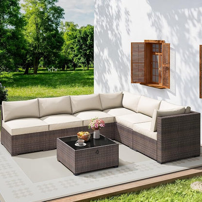 7 Piece Outdoor Patio Furniture Set, Outdoor Sectional Furniture, Rattan & Wicker Modern Modular Conversation Set Sectional Sofa W/Water Resistant Washable Thick Cushions and Coffee Table, Brown/Beige