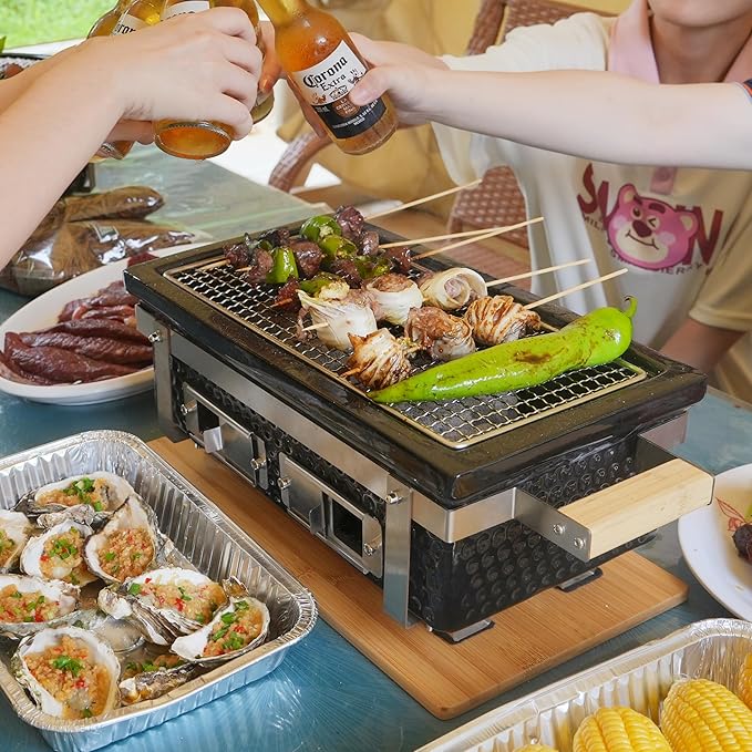 Yakitori Ceramic Charcoal Grill, Japanese Style Tabletop BBQ With Bamboo Heat Shield For Indoor/Outdoor, Square, 16"x9"
