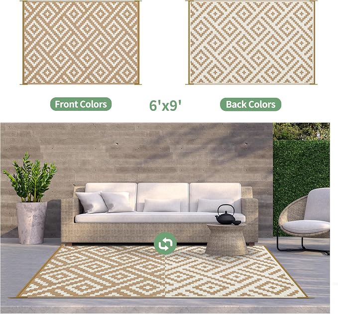 GENIMO Outdoor Rug, Waterproof Plastic Rugs for Patio, 6'x9' Brown White | Outside Larger Modern Carpet Mat for Porch Decor, Deck, Balcony, Camping, RV, Backyard, Picnic, Beach, Reversible, Foldable