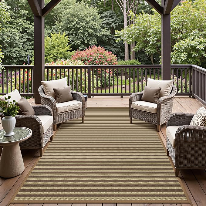 GENIMO Outdoor Rug, Waterproof Plastic Rugs for Patio, 6'x9' Brown Greige | Outside Larger Modern Carpet Mat for Porch Decor, Deck, Balcony, Camping, RV, Backyard, Picnic, Beach, Reversible, Foldable