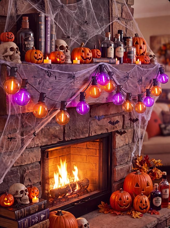 LED Outdoor Halloween Lights, 50FT 25 G40 Orange Purple Globe String Lights | Plug in, Dimmable, IP65 Waterproof, Hanging Outdoor Halloween Decorations Patio Lights for Porch Backyard Garden Party Decor